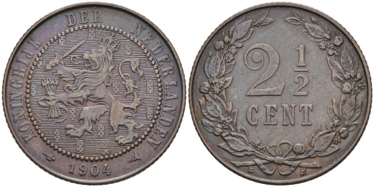 Нидерланды 2 1/2 цента 1904 Вильгельмина (1890-1948) KM 134 бронза 4575-856