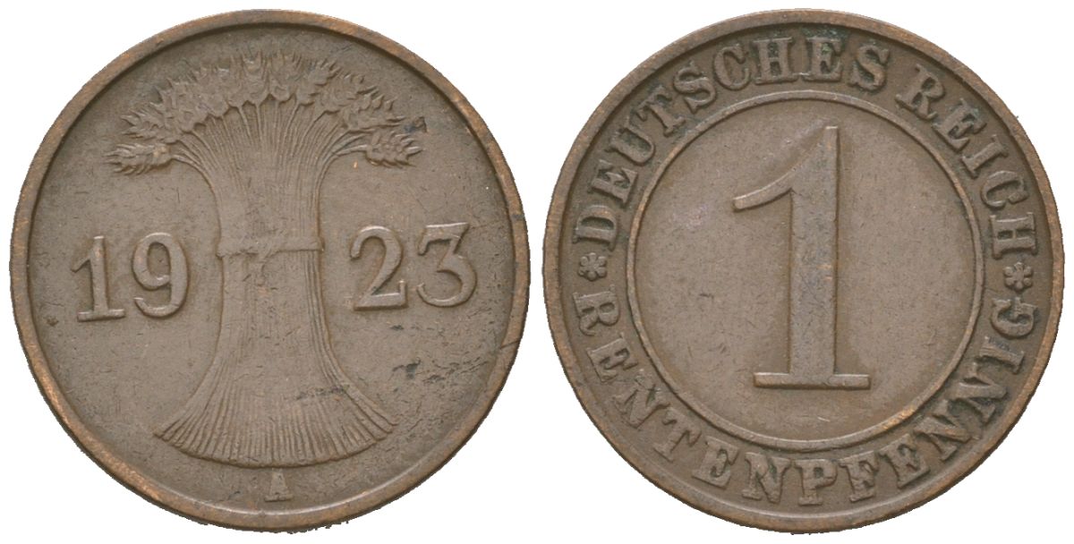 Германия 1 рентенпфенниг 1923 A KM 30 бронза 4617-351
