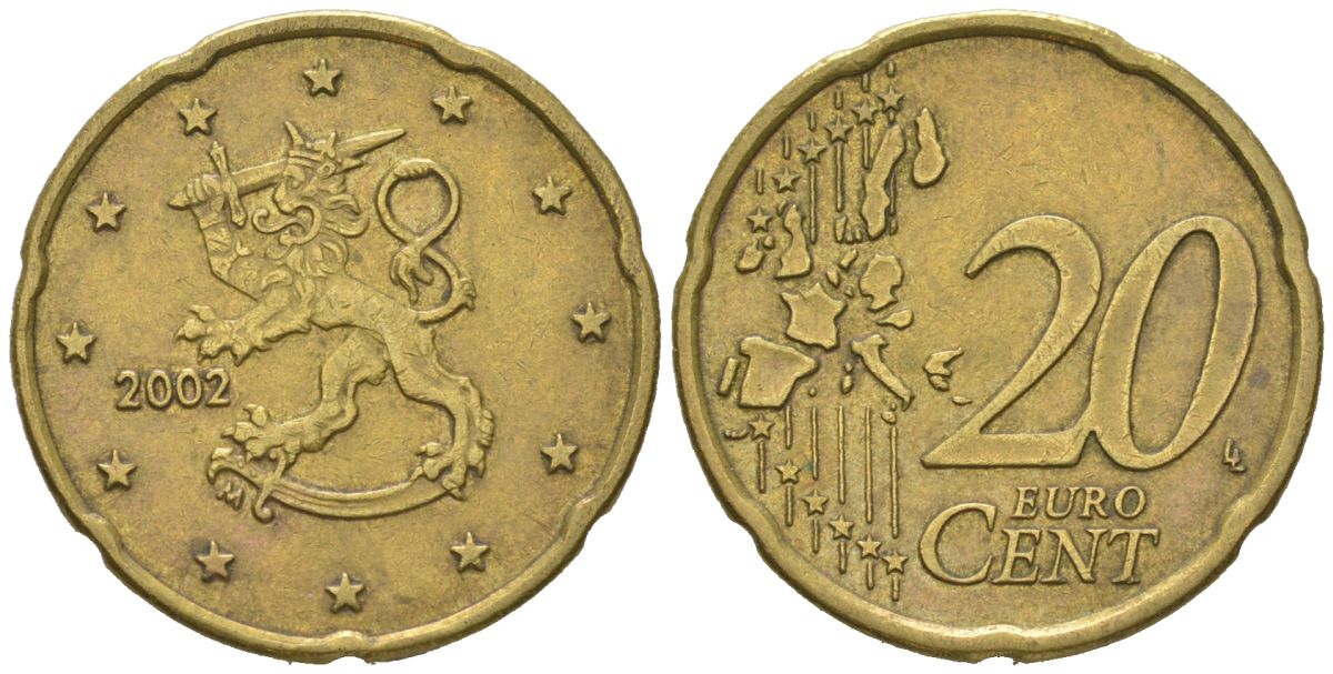 Финляндия 20 евроцентов 2002 M KM 102 нордик 4529-954
