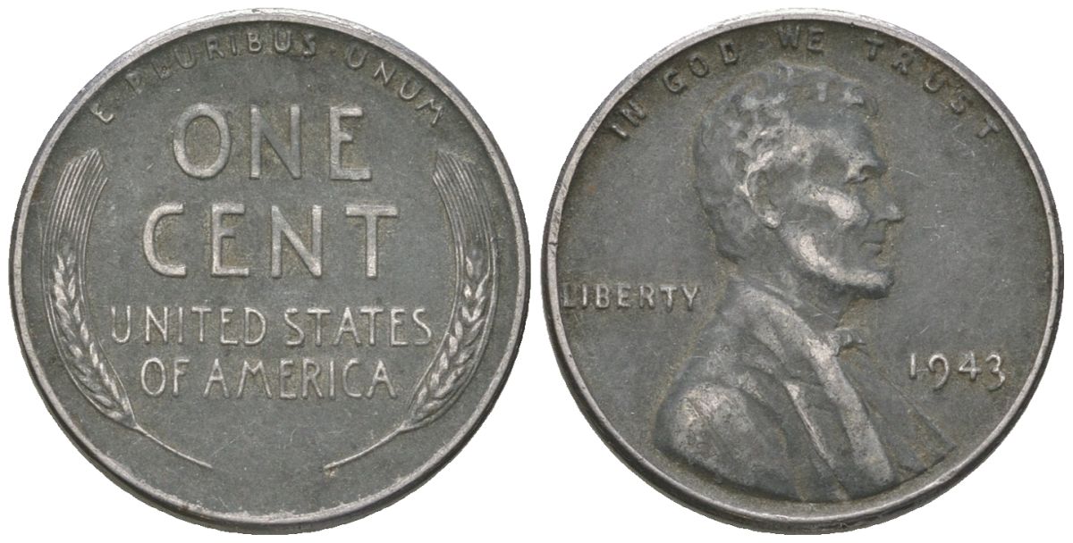 США 1 цент 1943 Авраам Линкольн KM 132 a сталь покрытая цинком 214-832