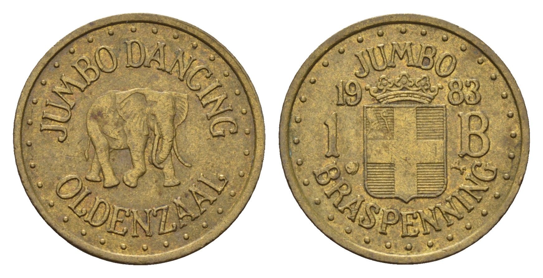 Нидерланды жетон для оплаты танцев Jumbo в городе Олдензал 1983 диаметр 22 мм, вес 4,29 гр латунь 188-151