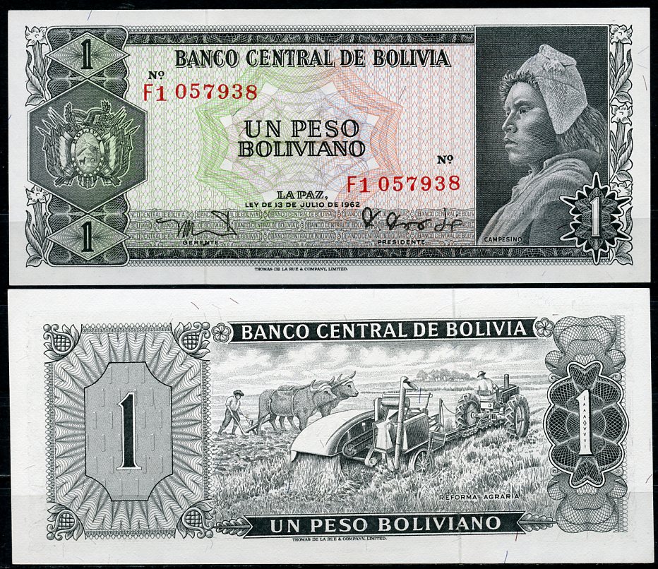 Боливия 1 песо боливиано 1962 серия F1, крестьянин, полевые работы Pick 158 a (7)  бумага  UNC (пресс) 00-00