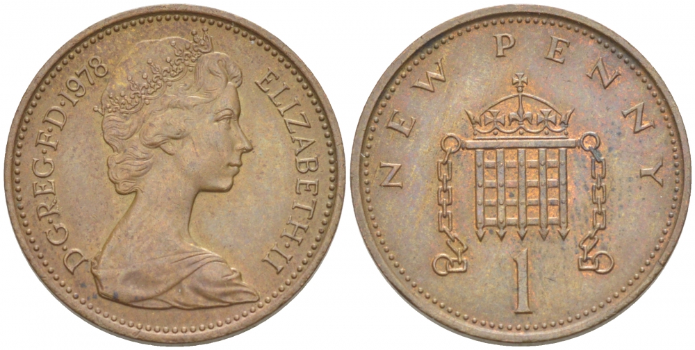 Великобритания 1 пенни 1978 Елизавета II (1952-2022) KM 915, Spink 4237 (B1) бронза 214-1055