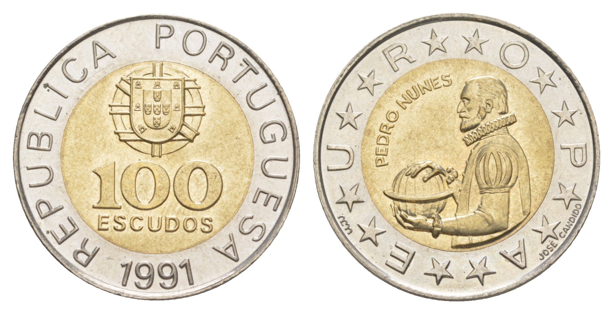Португалия 100 эскудо 1991 Педру Нуниш (1502-1578), математик KM 645 биметалл UNC 4388-312