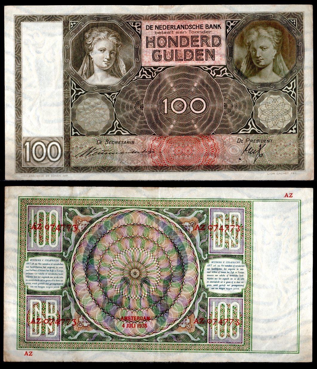 Нидерланды 100 гульденов 1935 "Мария Магдалина" (автор Ян Скорель) Pick 51 a (3) бумага 451-1139-1