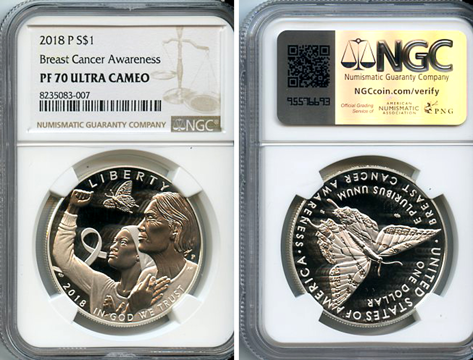 США 1 доллар 2018 P, Осведомленность о раке груди, в слабе NGC PF 70 ULTRA CAMEO KM 681 серебро  PROOF  15-024-02