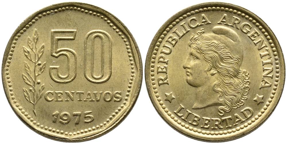 Аргентина 50 сентаво 1975 голова свободы влево KM 68 алюминиевая бронза 4525-854