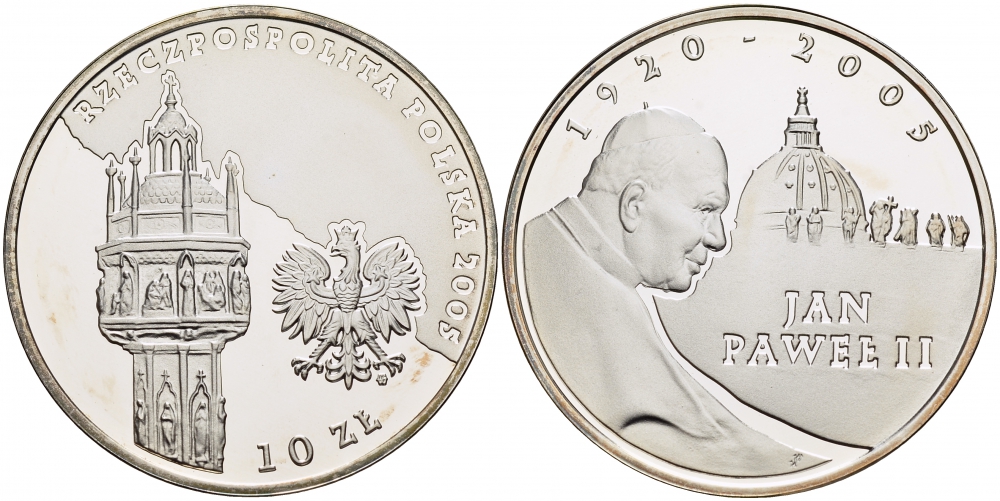 Польша 10 злотых 2005 MW, Иоанн Павел II, собор Святого Петра в Риме KM 539 серебро PROOF 1082-9-65