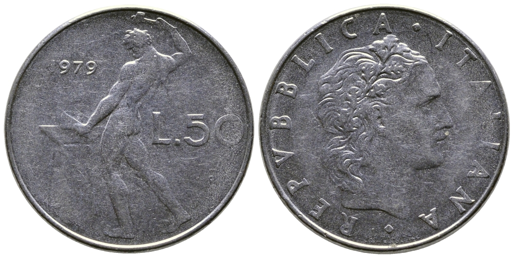 Италия 50 лир 1979 R, бог огня Вулкан у наковальни KM 95.1 нержавеющая сталь    4606-142