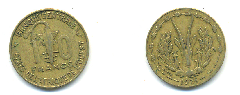 ЗАПАДНАЯ АФРИКА 10 ФРАНКОВ 1974 KM 1а алюминий никель бронза 86-1642