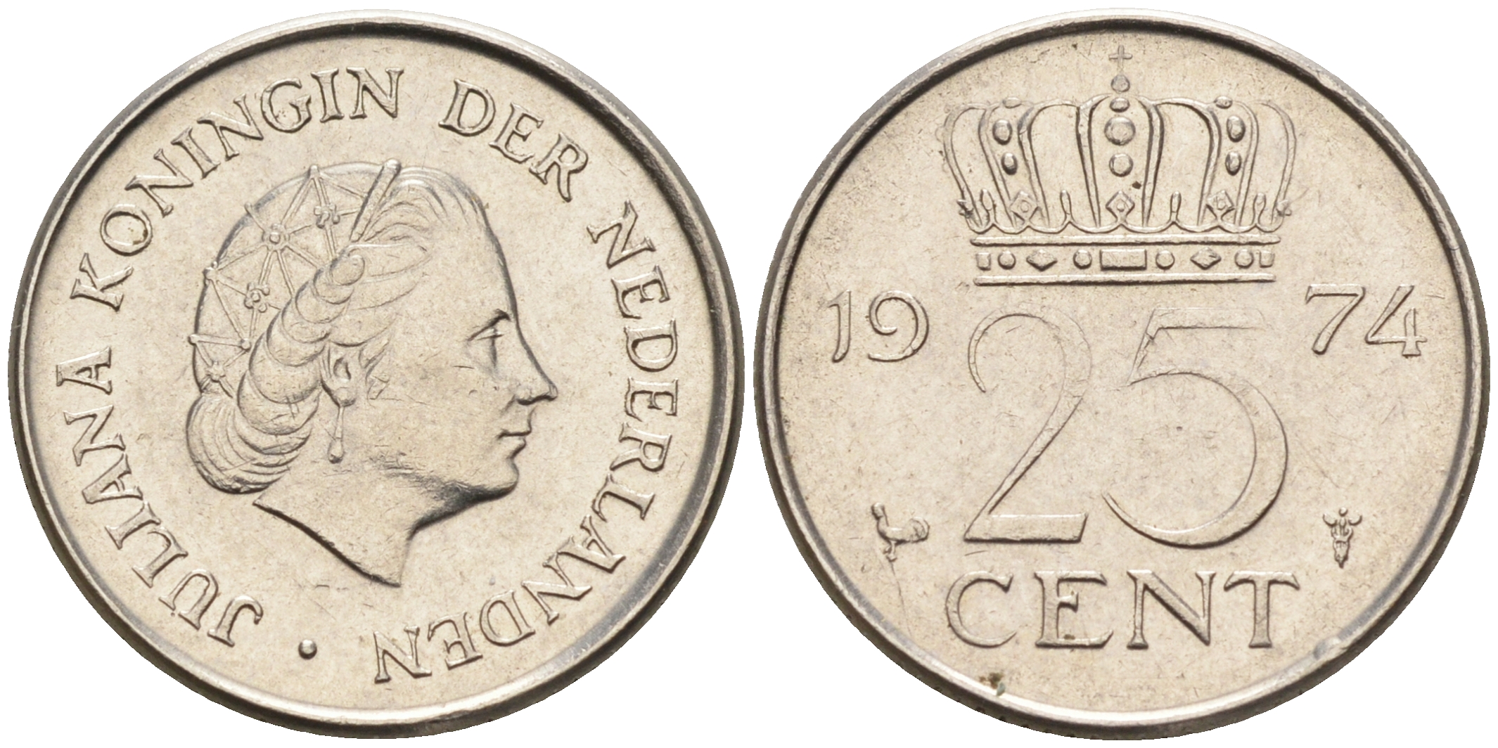 Нидерланды 25 центов 1974 Юлиана (1949-1980) KM 183 никель    4174-662