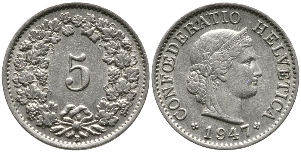 ШВЕЙЦАРИЯ 5 РАППЕНОВ 1947 KM 26 медно-никель 4528-638