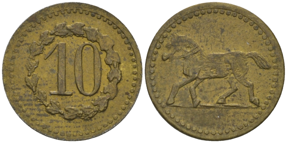ФРАНЦИЯ 10 САНТИМОВ ND ПЛАТЕЖНЫЙ ЖЕТОН НАЧАЛА XX ВЕКА, НА АВЕРСЕ ЦИФРЫ НОМИНАЛА В ВЕНКЕ, РЕВЕРС ЛОШАДЬ ВЛЕВО, ДИАМЕТР 15 ММ. латунь 99-539