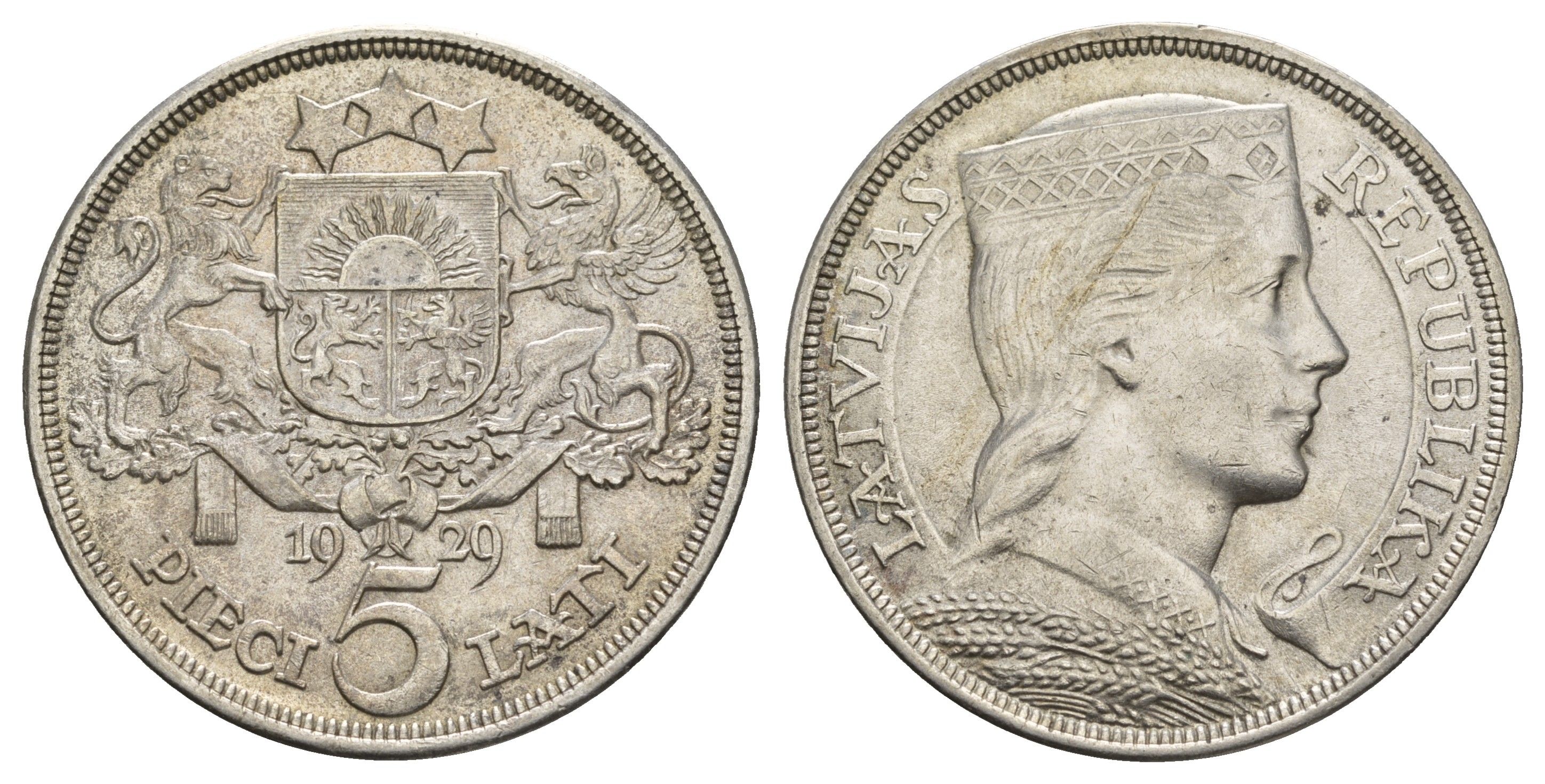 Латвия 5 латов 1929 девушка KM 9 серебро 443-832