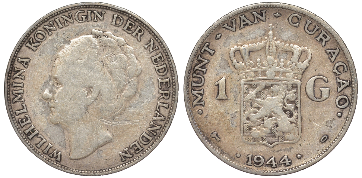 Нидерландское Кюрасао 1 гульден 1944 D, Вильгельмина (1890-1948) KM 45 серебро 36-447