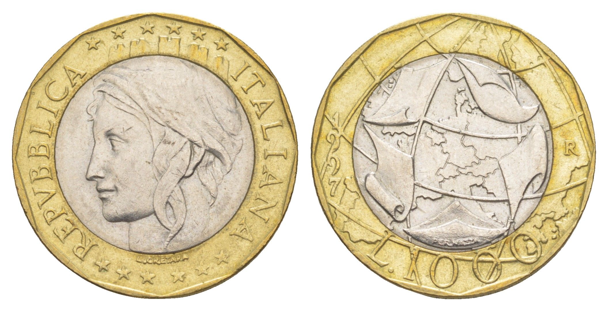 Италия 1000 лир 1997 Европейский Союз, ошибочная карта Европы - ГДР и ФРГ KM 190 биметалл UNC 4556-452