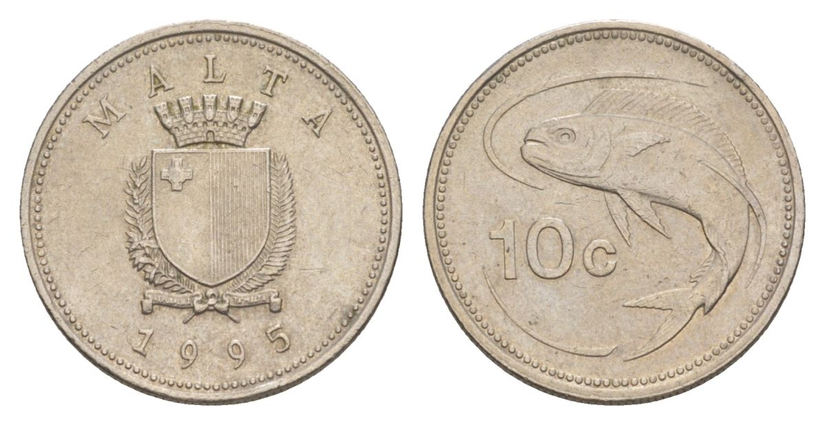 Мальта 10 центов 1995 золотая макрель KM 96 медно-никель 4632-864
