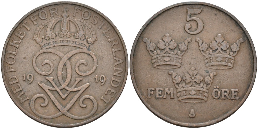 Швеция 5 эре 1919 Густав V (1907-1950) KM 779.2 бронза 4557-543