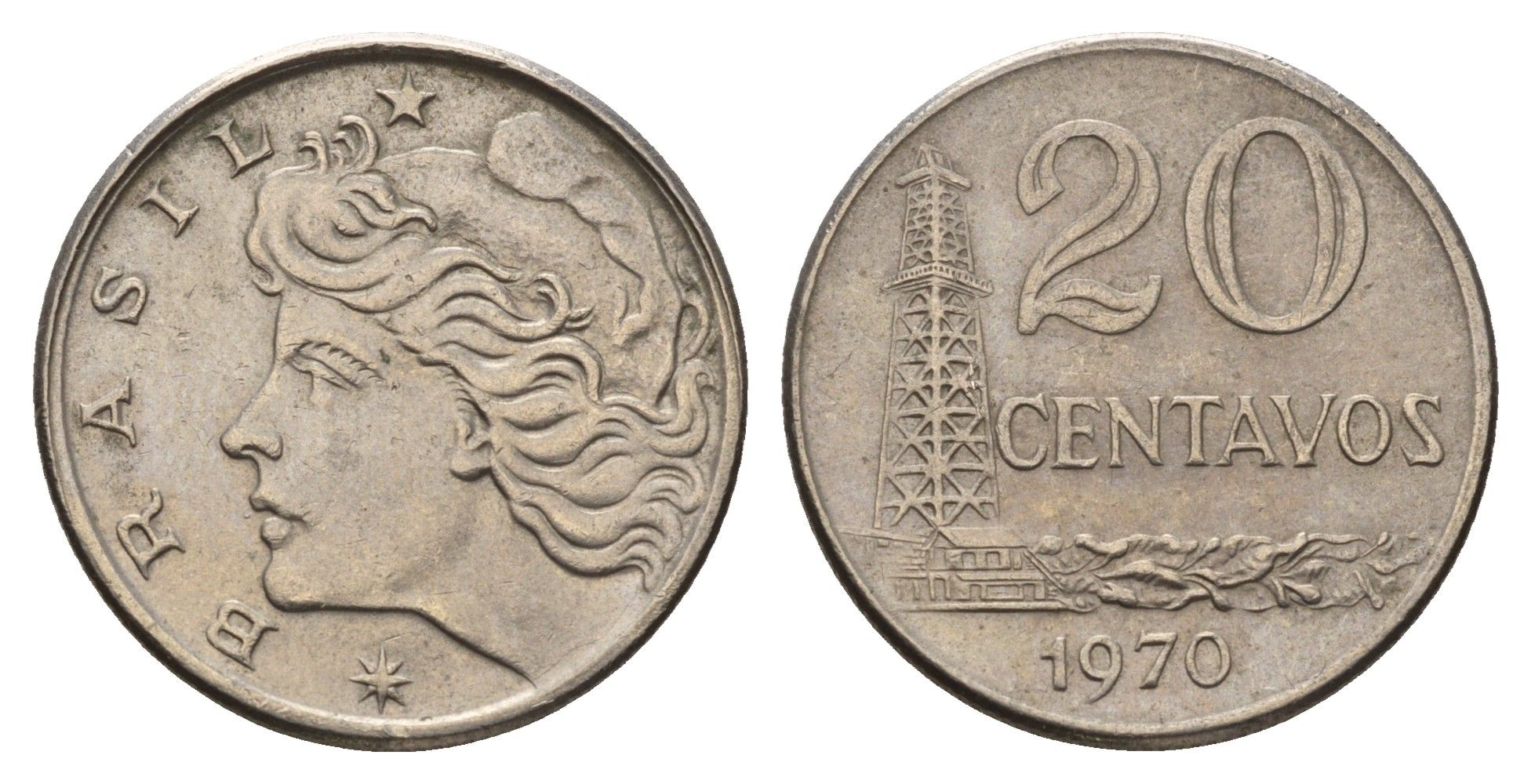 Бразилия 20 сентаво 1970 голова Свободы влево KM 579.2 медно-никель 3336-253