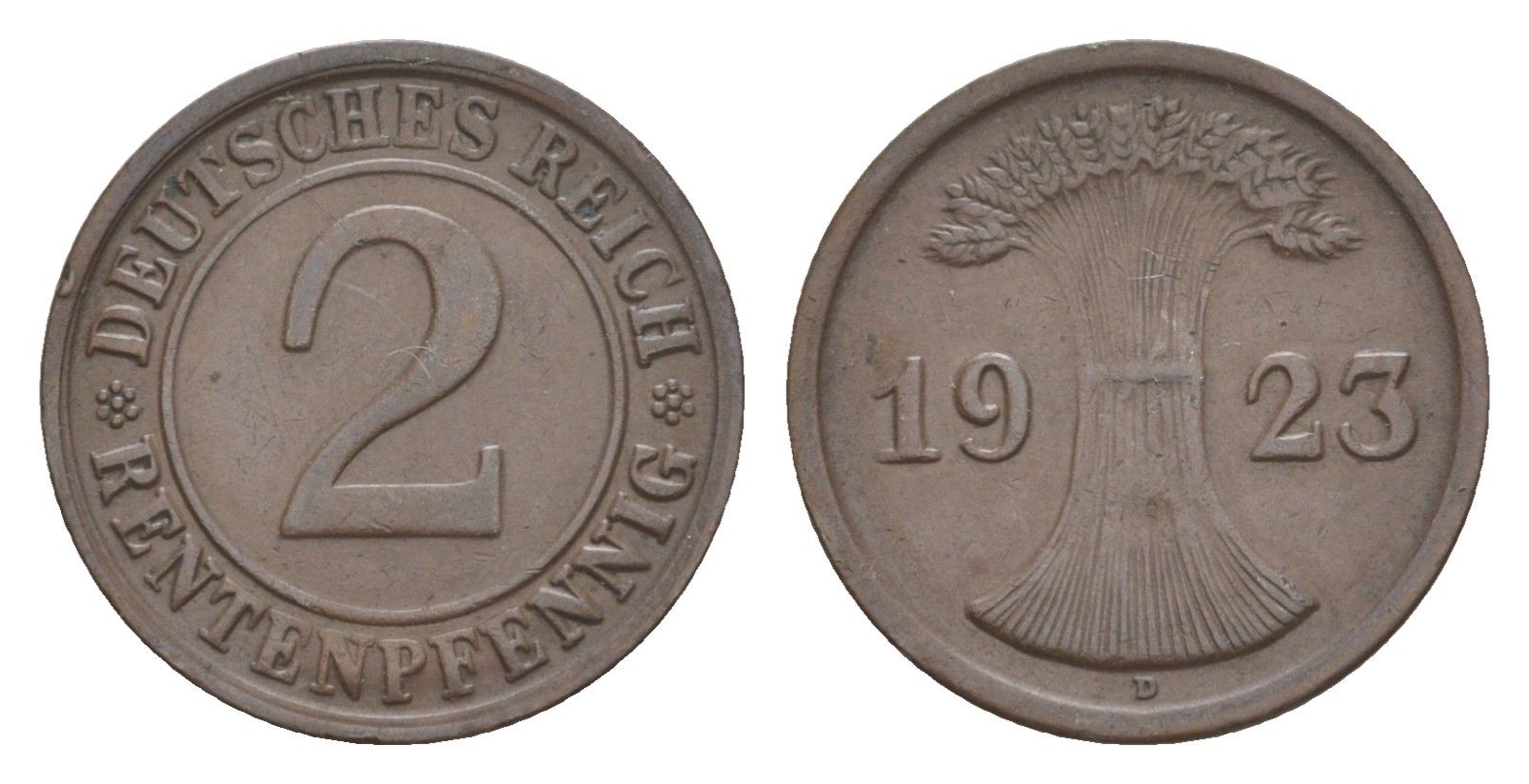 Германия 2 рентенпфеннига 1923 A KM 31, J. 307 бронза 4644-1056