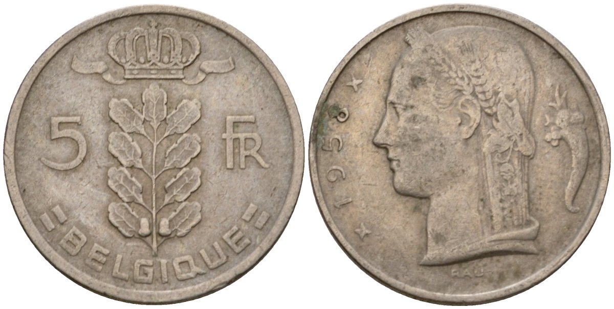 Бельгия 5 франков 1958 Belgique, Бодуэн I (1951-1993) KM 134 медно-никель 4393-1217