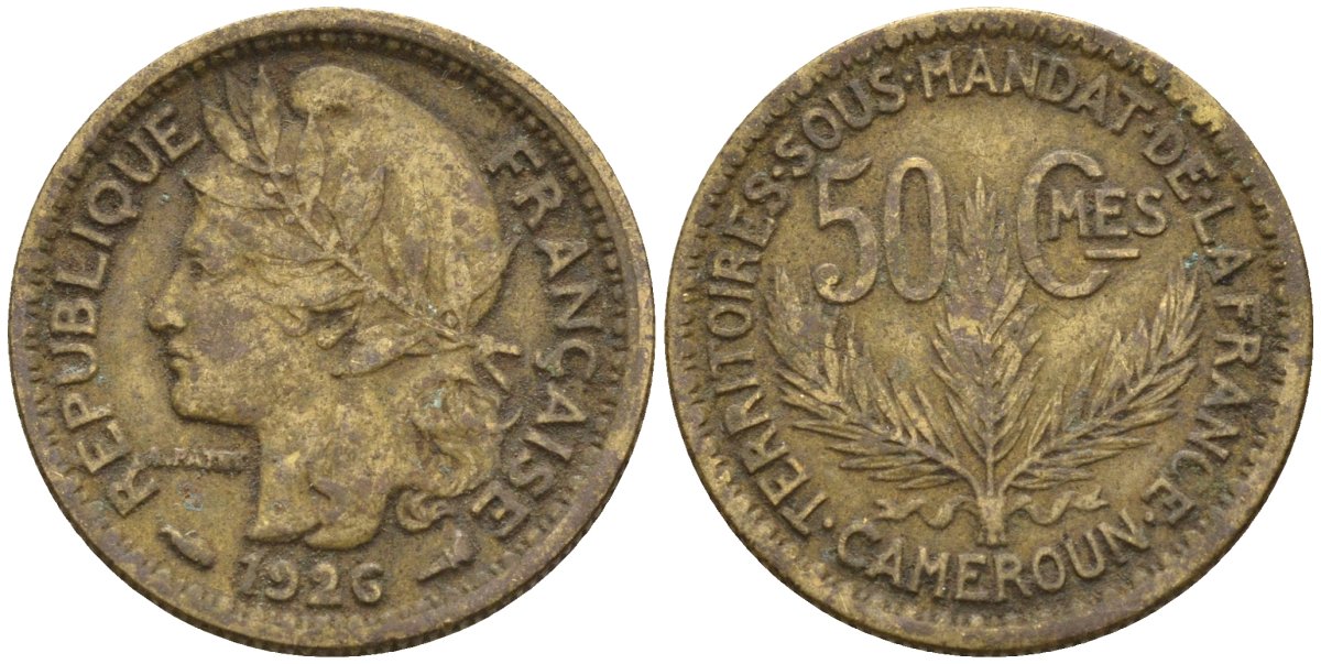 Камерун 50 сантимов 1926 (a), мондвор Париж KM 1 алюминиевая бронза 4164-1269