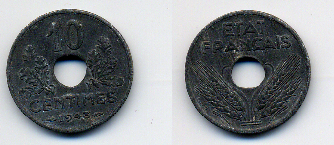 ФРАНЦИЯ 10 САНТИМОВ 1943 ПРАВИТЕЛЬСТВО ВИШИ KM 898.1 цинк 4384-1154