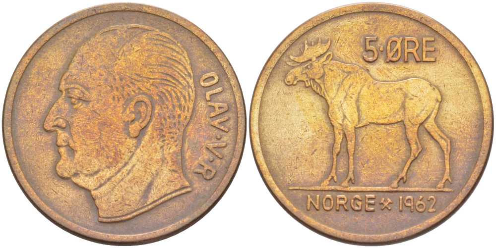 НОРВЕГИЯ 5 ЭРЕ 1962 ЛОСЬ, УЛАФ V (1957-1991) KM 405 бронза 215-133