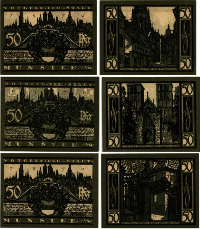 Германия, Мюнстер набор из 3 банкнот по 50 пфеннигов 1921 нотгельд, 1 августа 1921 Keller 916.1 бумага 6318-24-1-2