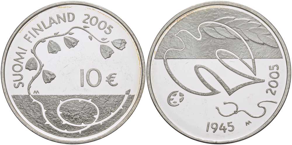 Финляндия 10 евро 2005 60 лет мира в Европе, голубь мира KM 120 серебро PROOF 11-182-32