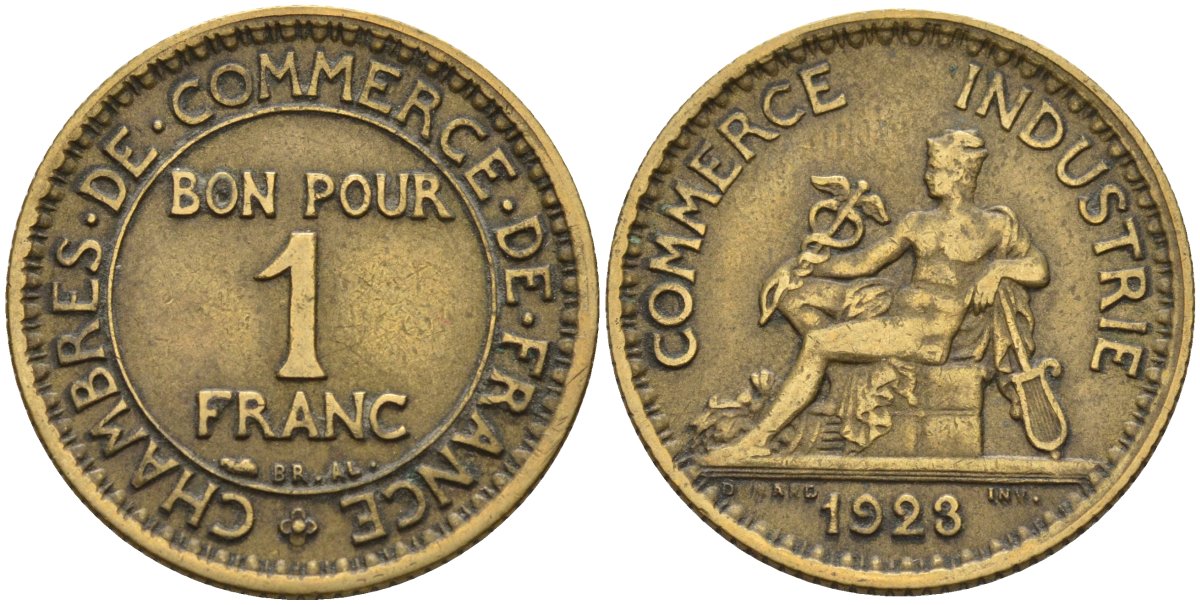 Франция 1 франк 1923 KM 876, Le Franc 218.5 алюминиевая бронза 4142-723