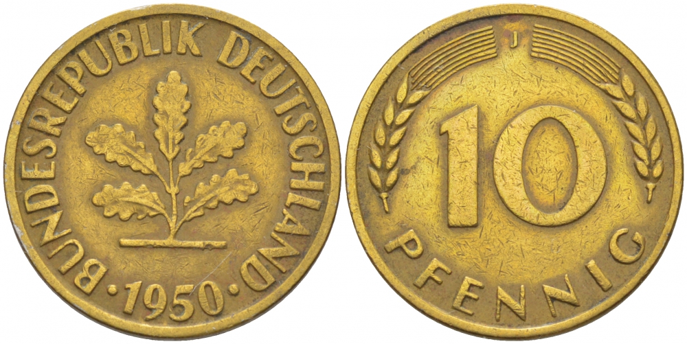 ФРГ 10 ПФЕННИГОВ 1950 J KM 108, J.383 сталь плакированная латунью 3718-732