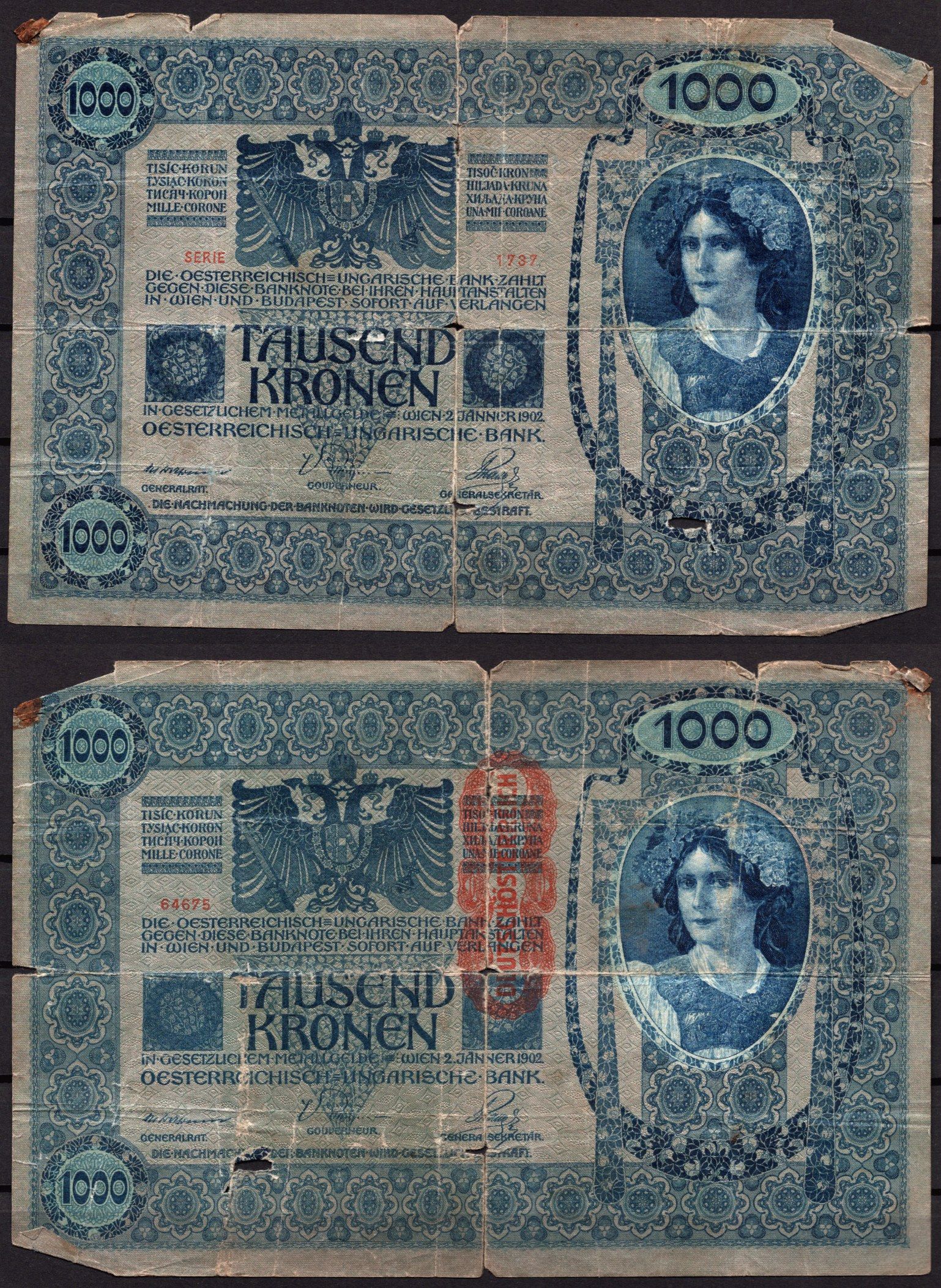 Австрия 1000 крон 1919 Женщина, австрийское знаме, с печатью Pick 57a бумага 7547-87-2-1