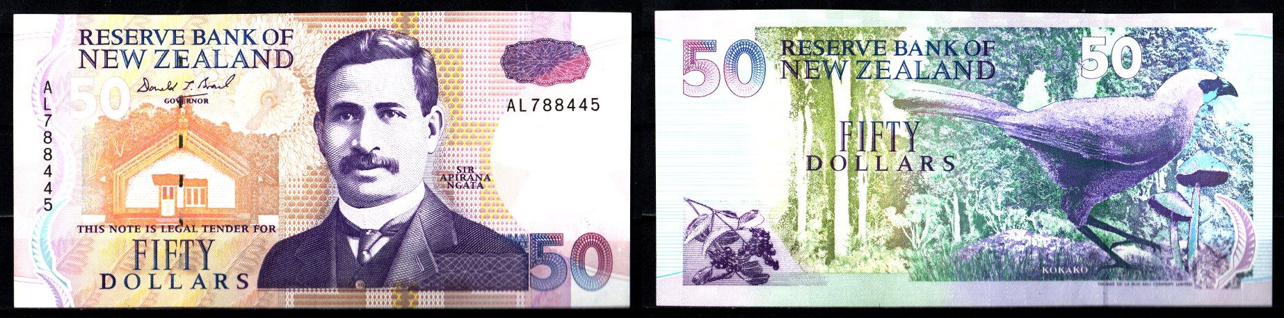 Новая Зеландия 50 долларов ND (1992) Сэр Апирана Нгата, дом собраний маори. Лесной парк Кокако Пуреора, небесно-голубой гриб Pick 180 бумага UNC (пресс) 451-1210-1