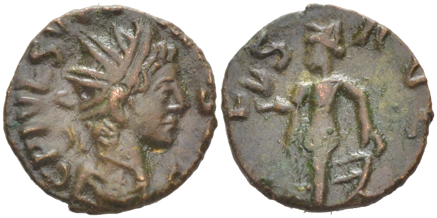 Римская Империя, императоры в Галлии антониниан 273 - 274 Тетрик II, C PIV ESV TETRICVS CAES, бюст цезаря / SPES AVGG, Спея, персонификация Надежды, локальная чеканка в Галлии RIC 270 биллон 1073-24-21