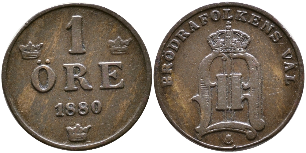 Швеция 1 эре 1880 Оскар II (1872-1907) король Швеции и Норвегии KM 750 бронза 84-935