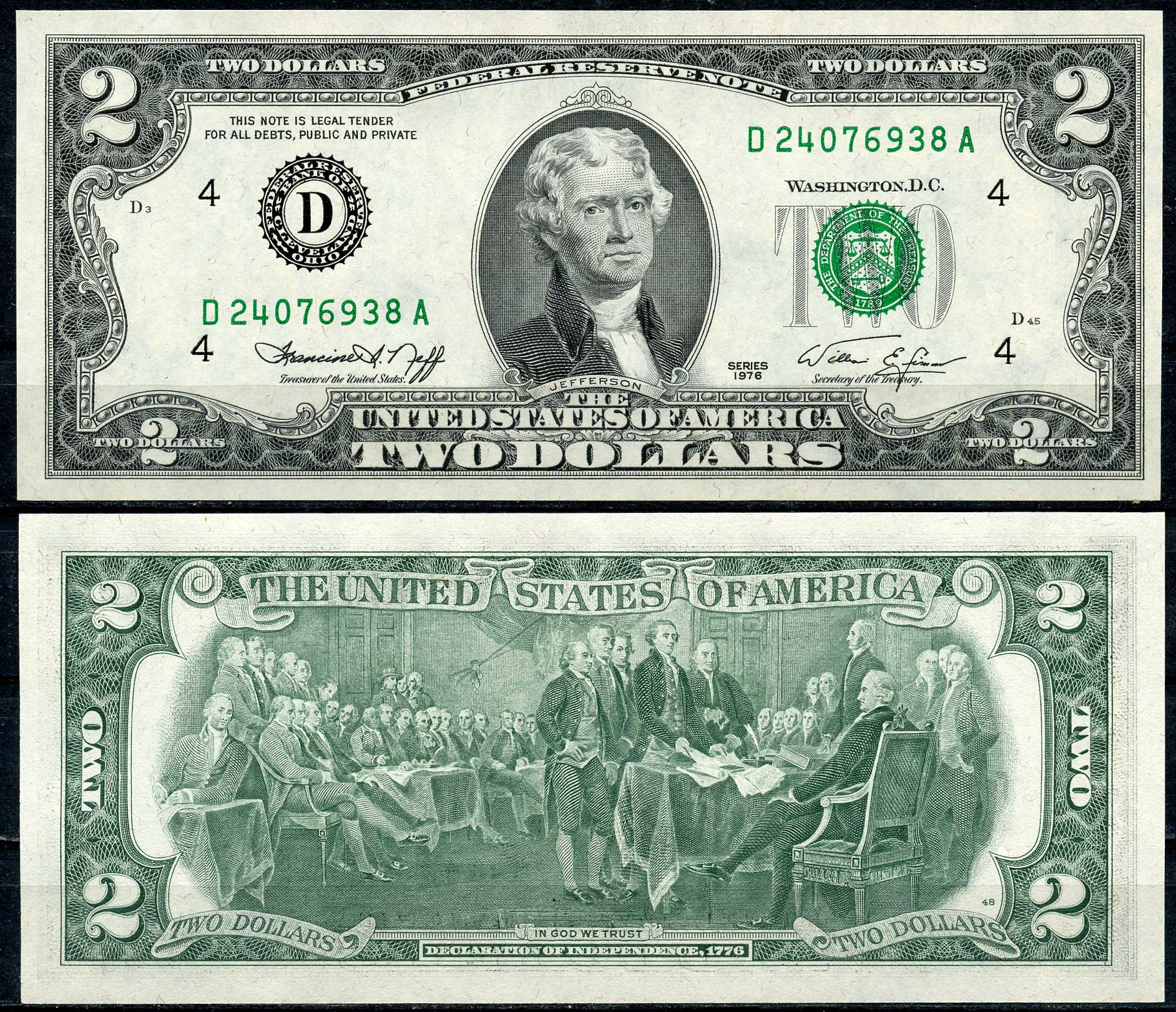 США 2 доллара 1976 Томас Джефферсон, 200 лет образованию США, D - Кливленд Pick 461  бумага UNC (пресс)  447-61-1