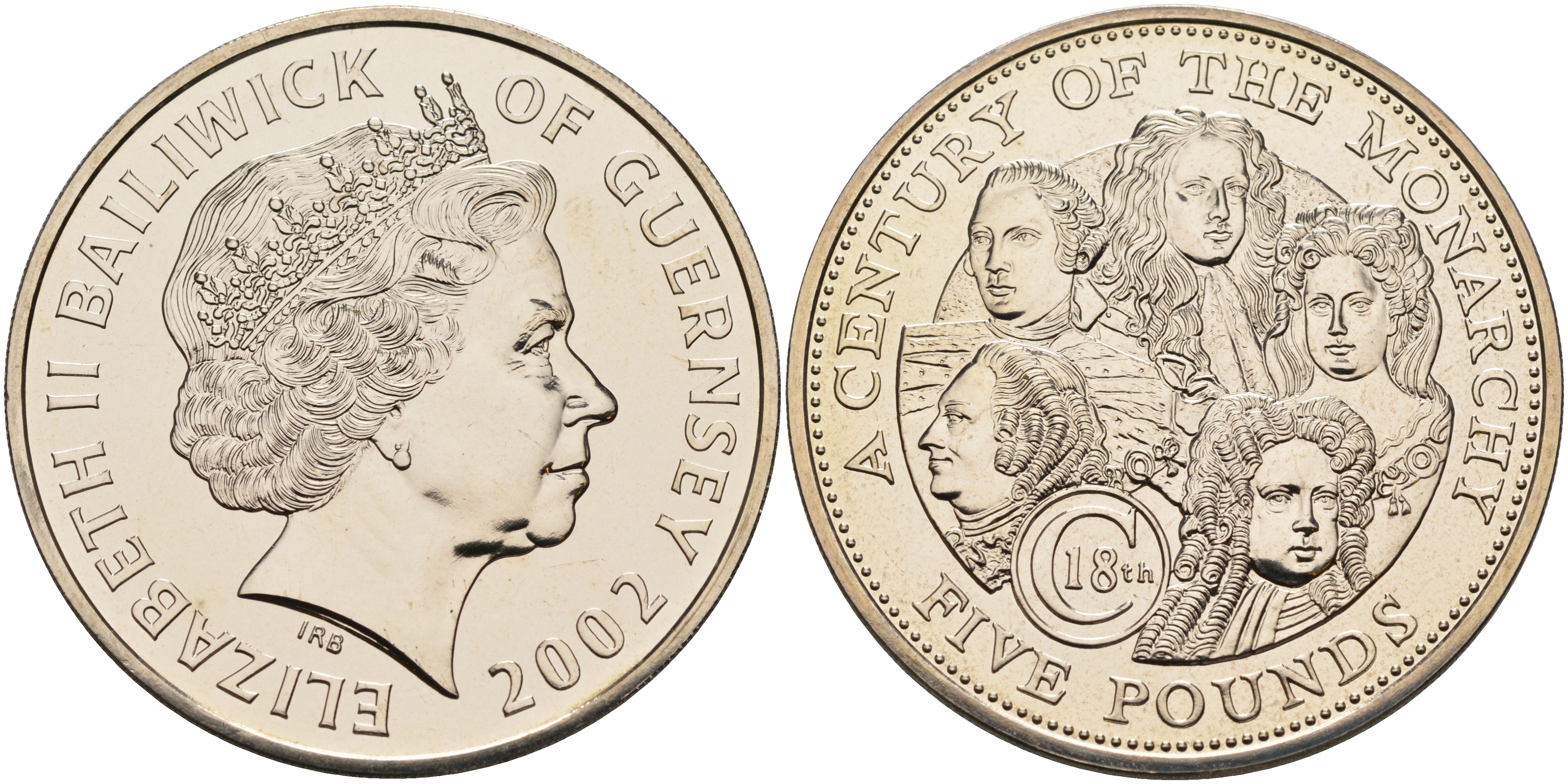 Гернси 5 фунтов 2002 монархи Великобритании, XVIII век KM 124 медно-никель UNC 02-116-41