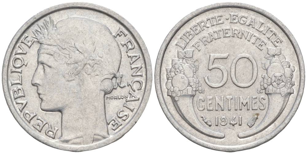 ФРАНЦИЯ 50 САНТИМОВ 1941 ТИП MORLON LOURDE KM 894.1a, LE FRANC 193.2 алюминий 44-217