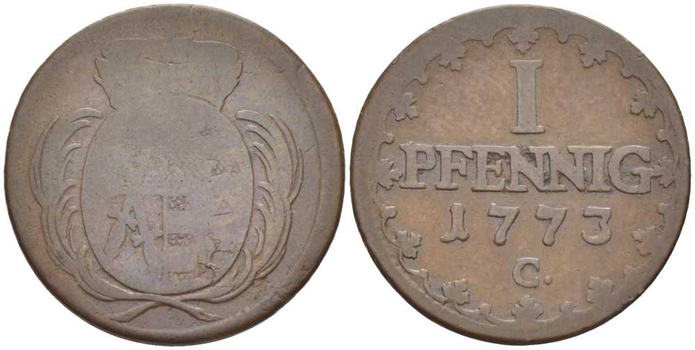 САКСОНИЯ 1 ПФЕННИГ 1773 С, ФРИДРИХ АВГУСТ III (1763-1806) KM 1000 (С91) медь 206-347