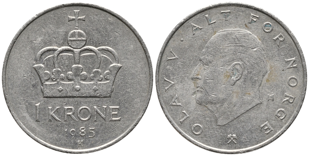 НОРВЕГИЯ 1 КРОНА 1985 ОЛАВ V (1957-1991) KM 419 медно-никель 28-1021