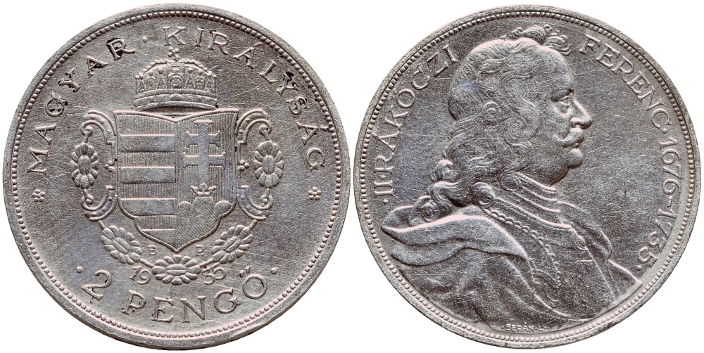 Венгрия 2 пенге 1935 50 лет со дня смерти Ференца II Ракоци KM 514 серебро aUNC 3896-935