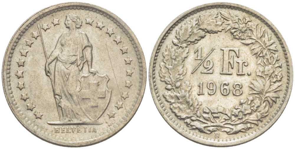 Швейцария 1/2 франка 1968 В KM 23а.1 медно-никель 112-1133