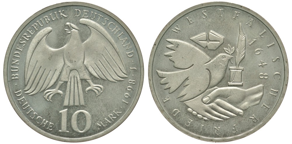ФРГ 10 марок 1998 J, 350 лет Вестфальскому мирному договору KM 191 серебро UNC 413-3411