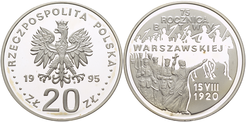 Польша 20 злотых 1995 MW, 75 лет Варшавской битве (15 августа 1920) KM 298 серебро PROOF 1080-10-42