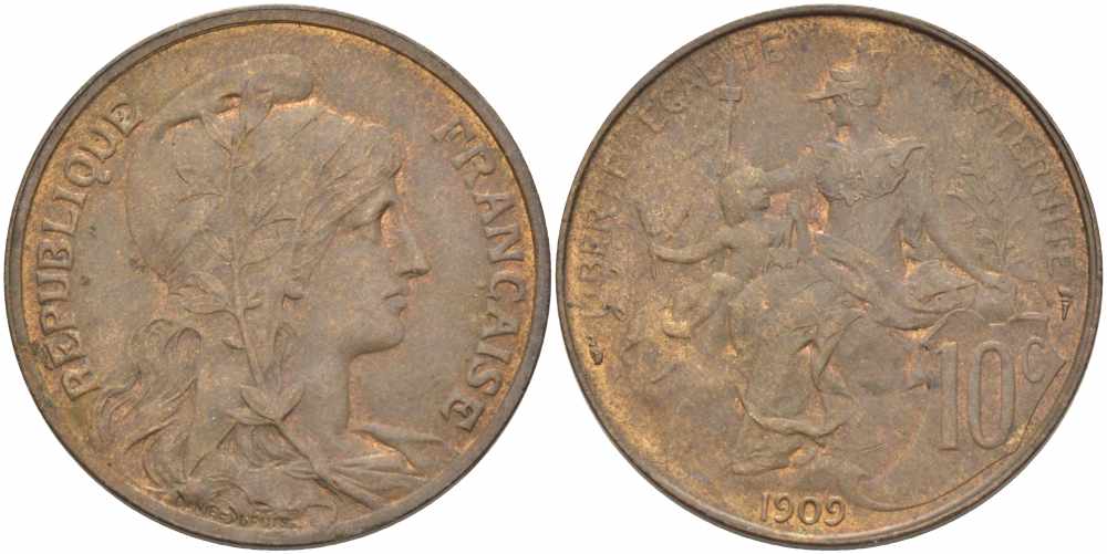 ФРАНЦИЯ 10 САНТИМОВ 1909 ТИП ДАНИЭЛЬ ДЮПЮИ KM 843, LA FRANC 136.19 бронза 109-236