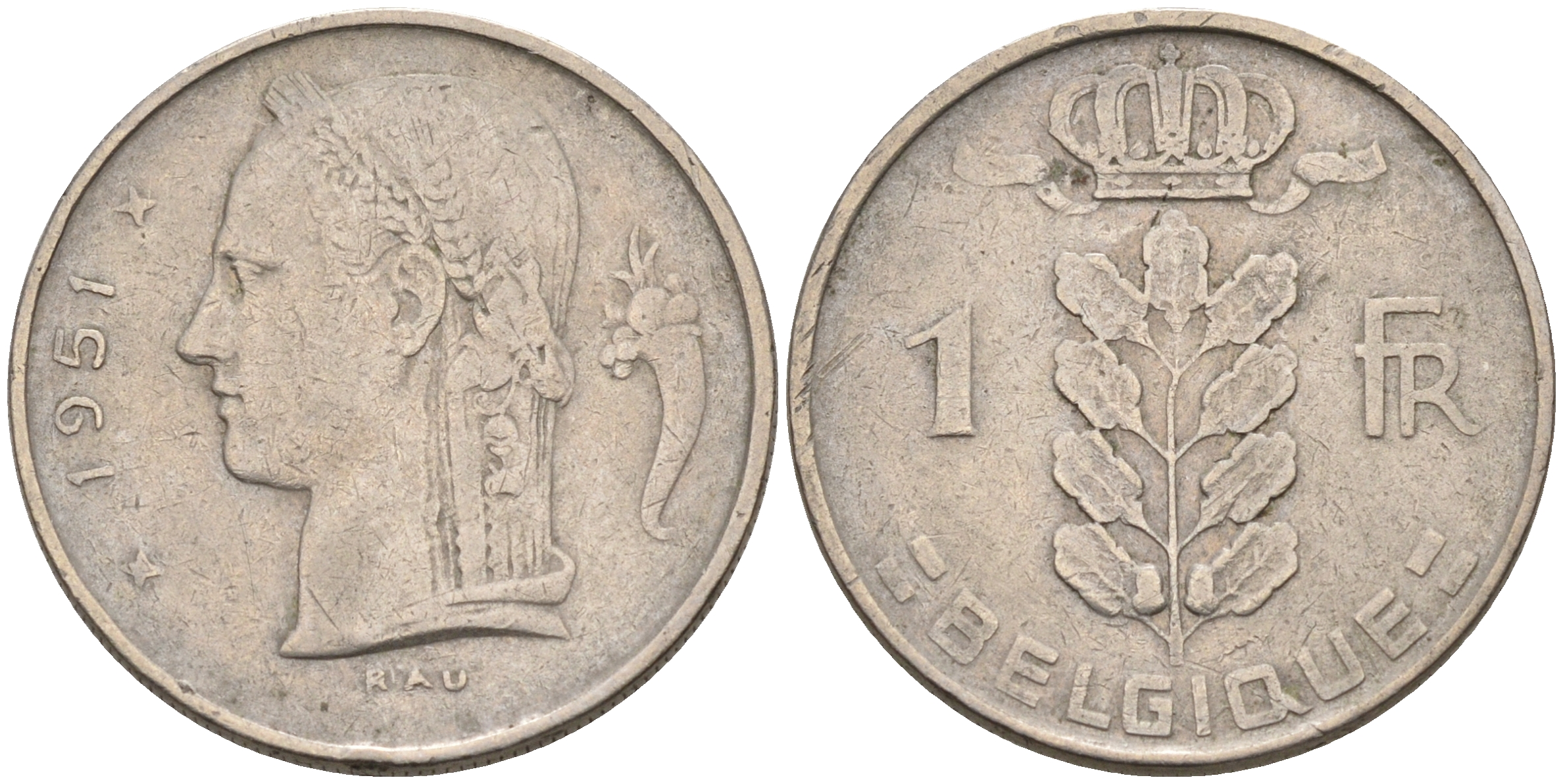 БЕЛЬГИЯ 1 ФРАНК 1951 BELGIQUE KM 142.1 медно-никель 4563-1156