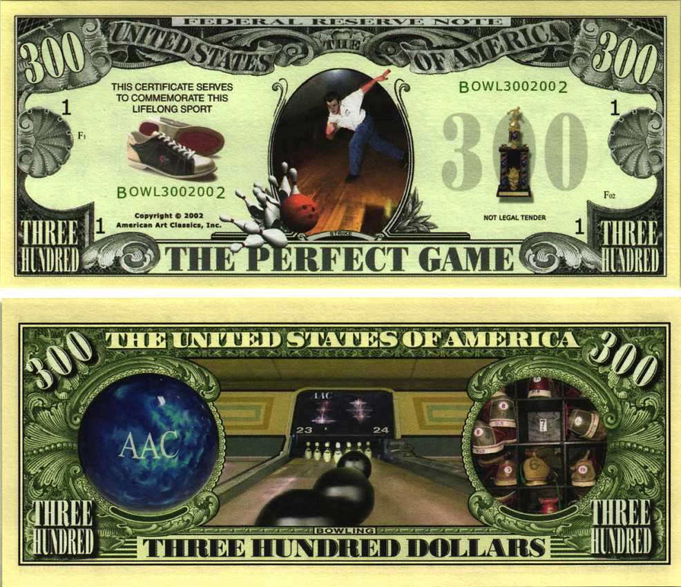 США 300 ДОЛЛАРОВ 2002 СУВЕНИРНАЯ БАНКНОТА, СПОРТИВНАЯ СЕРИЯ, БОУЛИНГ бумага UNC (ПРЕСС) 7198-42-4-1