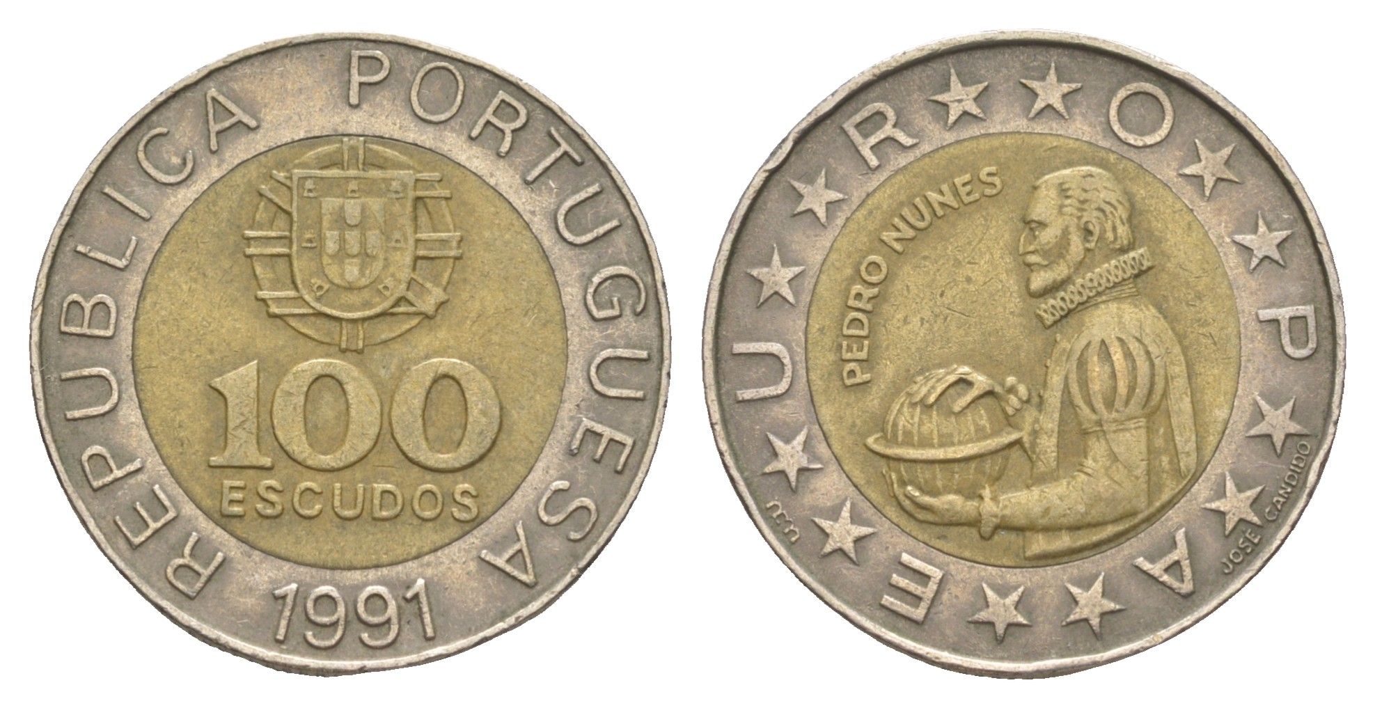 Португалия 100 эскудо 1991 Педру Нуниш (1502-1578), математик KM 645 биметалл 4514-224