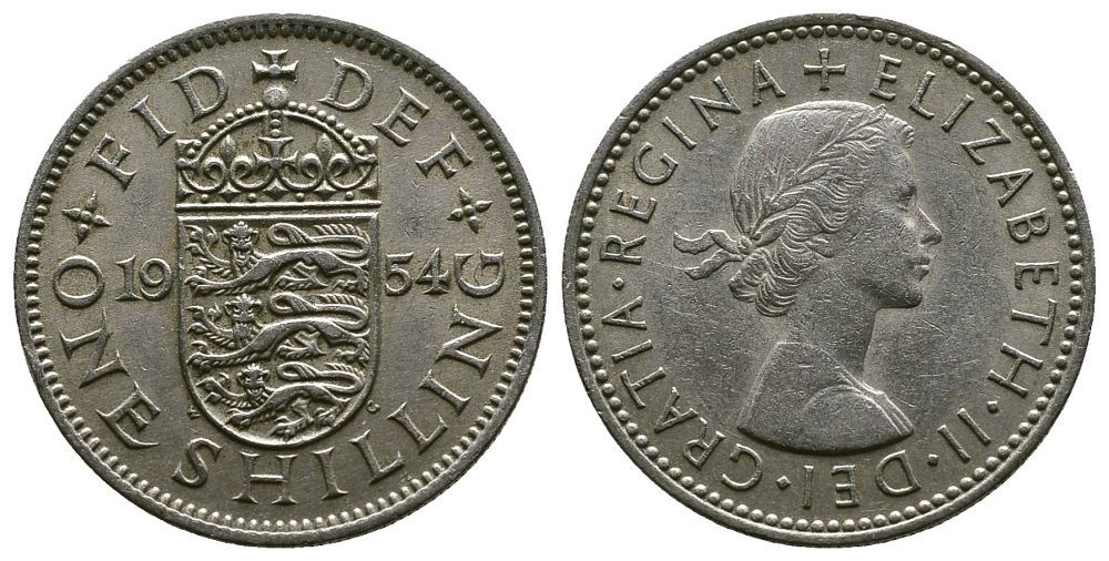 Великобритания 1 шиллинг 1954 Елизавета II (1952-2022), Английский герб KM 904, Spink 4147 медно-никель 4384-255